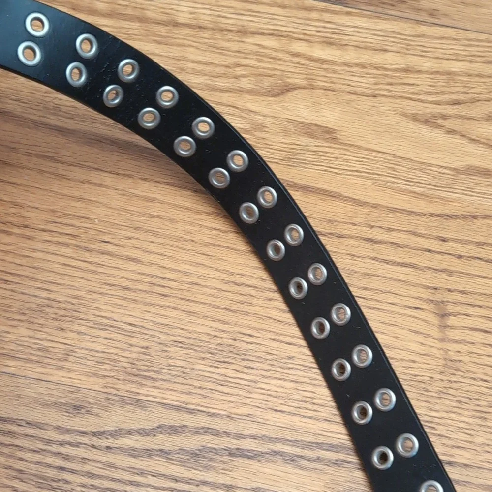 Double Grommet Belt Black 42 Genuine Leather Double Prong Silver Buckle